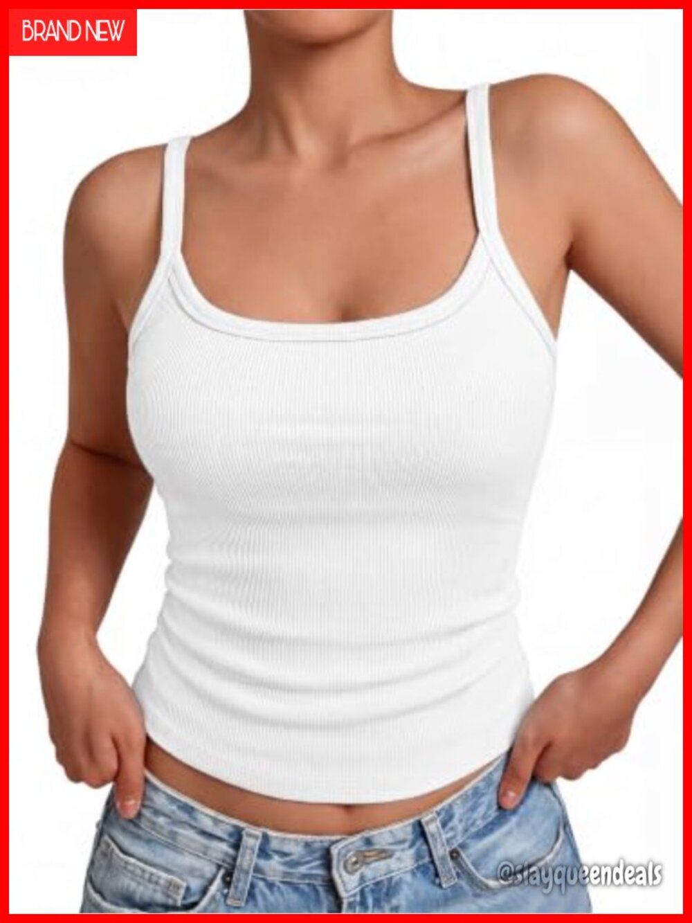 Ribbed Tank Top Spaghetti Strap Scoop Neck Slim Fit Basic Camisole Workout